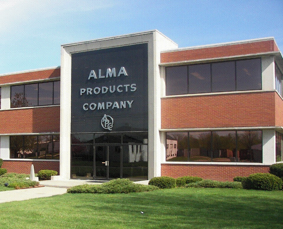 Front side of the Alma Products bulding.